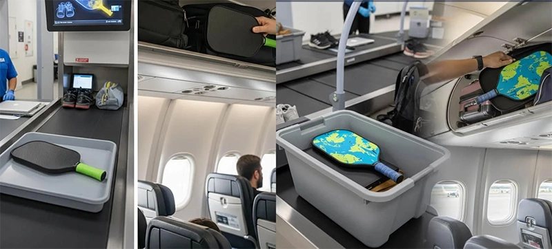 A pickleball paddle in an airport security tray and another paddle going into an overhead cabin bin