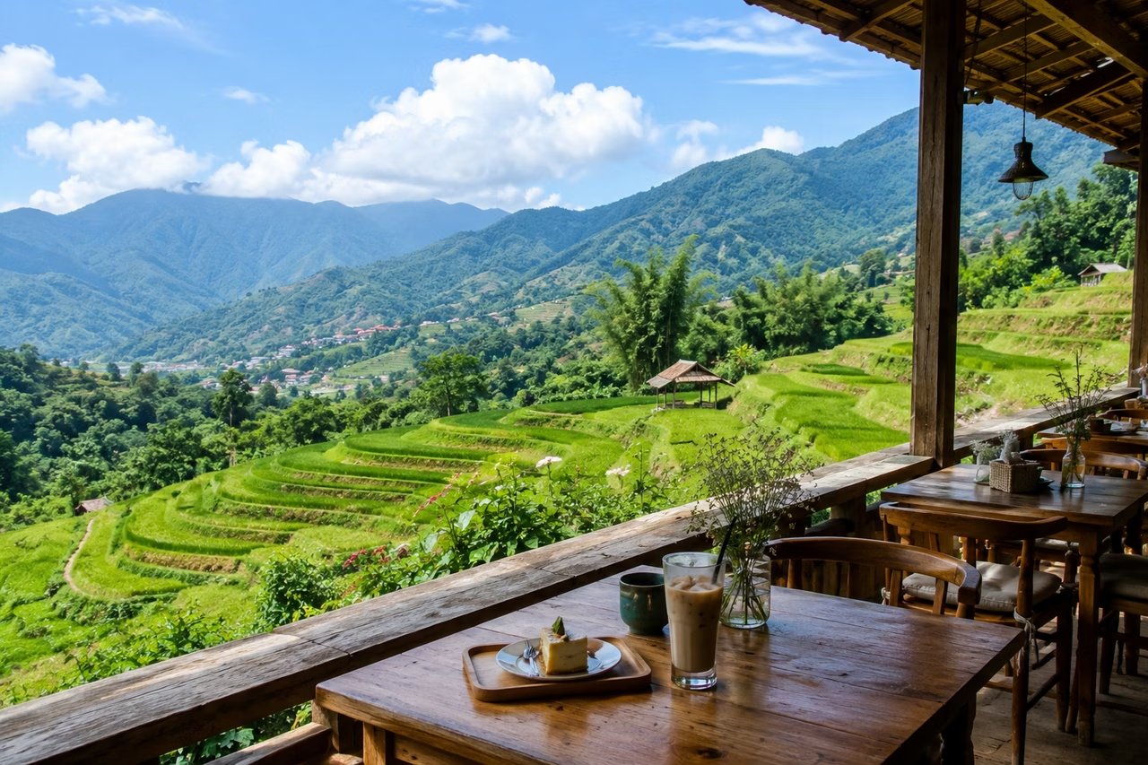 A cup of coffee on a café terrace table overlooking a green mountain valley