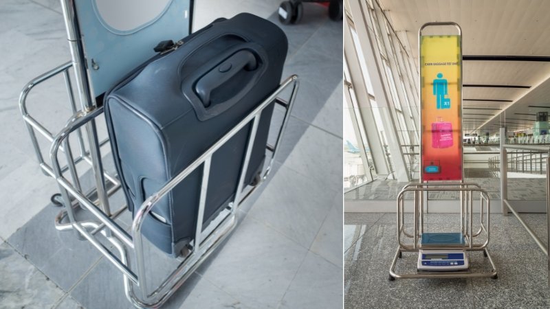 A carry-on suitcase being weighed at an airport check-in desk