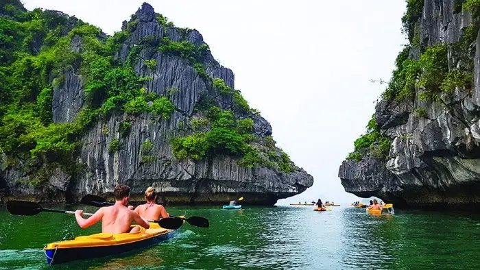 Kayaks on the water in Lan Ha Bay off Cat Ba Island, Vietnam
