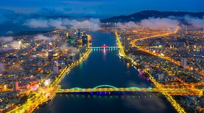 Bridges crossing the Han River in Da Nang, seen from above