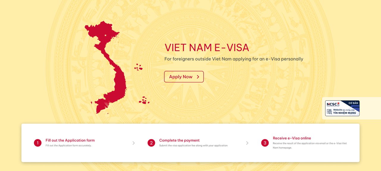 The official Vietnam e-visa portal evisa.gov.vn showing the three application steps