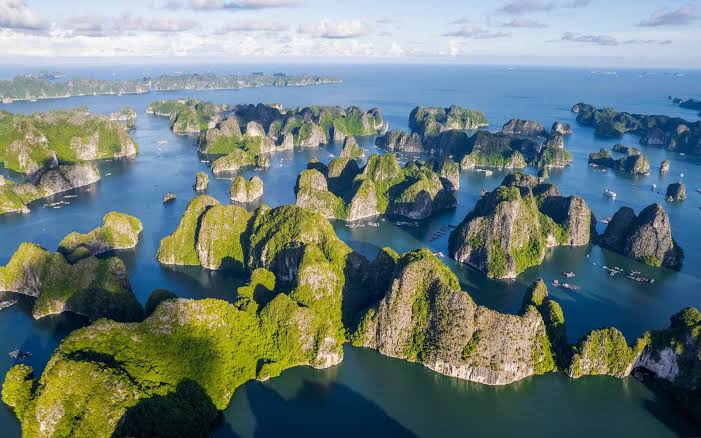 Aerial view of limestone islands in Ha Long Bay and around Cat Ba Island