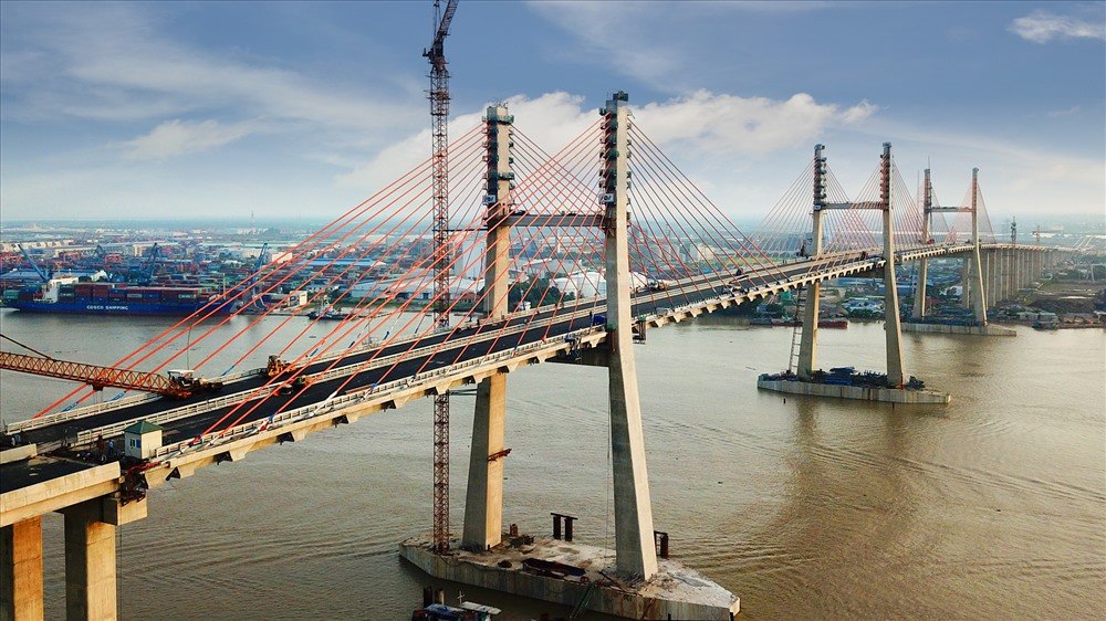 Cable-stayed bridges crossing a wide estuary near Hai Phong, on the expressway route to Ha Long