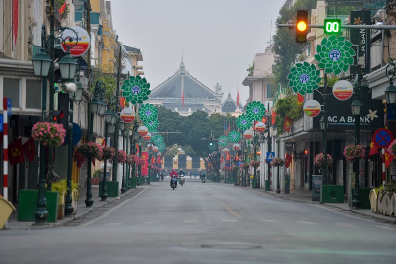 An almost empty Hanoi street during the Tet holiday, with shops closed for the Lunar New Year