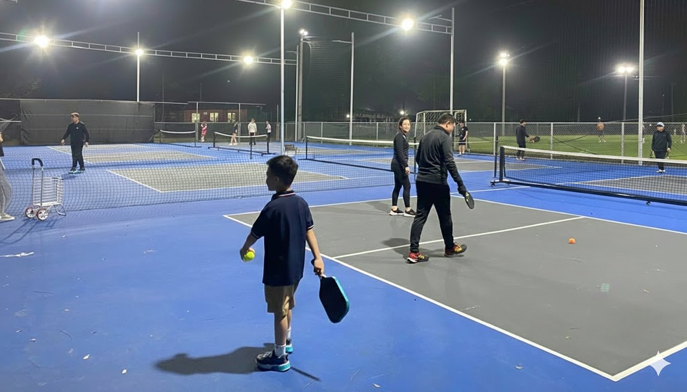 Players in light jackets on a floodlit outdoor pickleball court in Hanoi on a cool winter day
