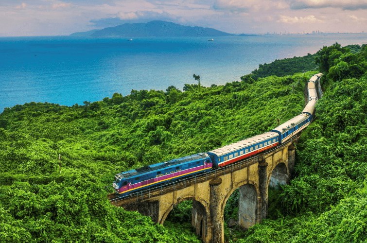 A train running along the coast near the Hai Van Pass between Da Nang and Hue