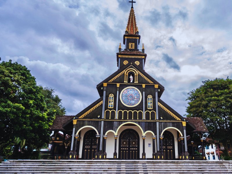 The Kon Tum wooden church, built in Bahnar style by French missionaries