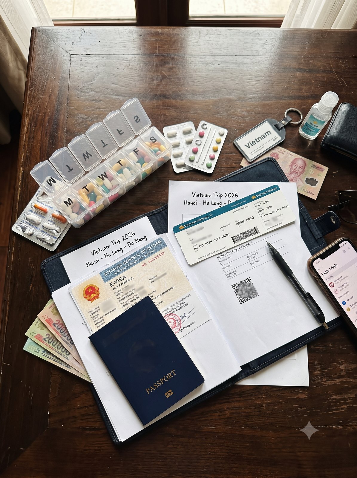 A pill organiser, medicine boxes and travel documents packed for a long stay