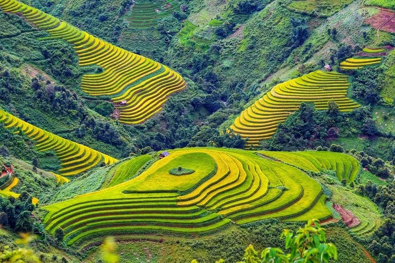 Rice terraces filled with water and reflecting the sky in Mu Cang Chai in northern Vietnam in May