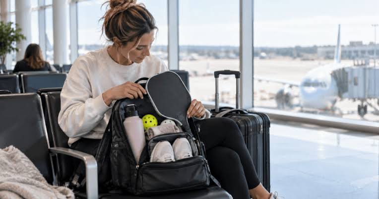 A traveller packing a pickleball paddle into a carry-on bag at an airport gate