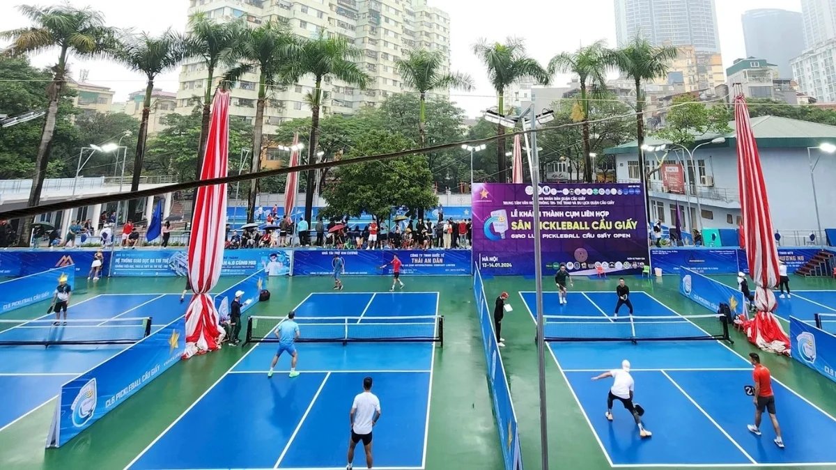 An outdoor pickleball court in Vietnam in the early morning light