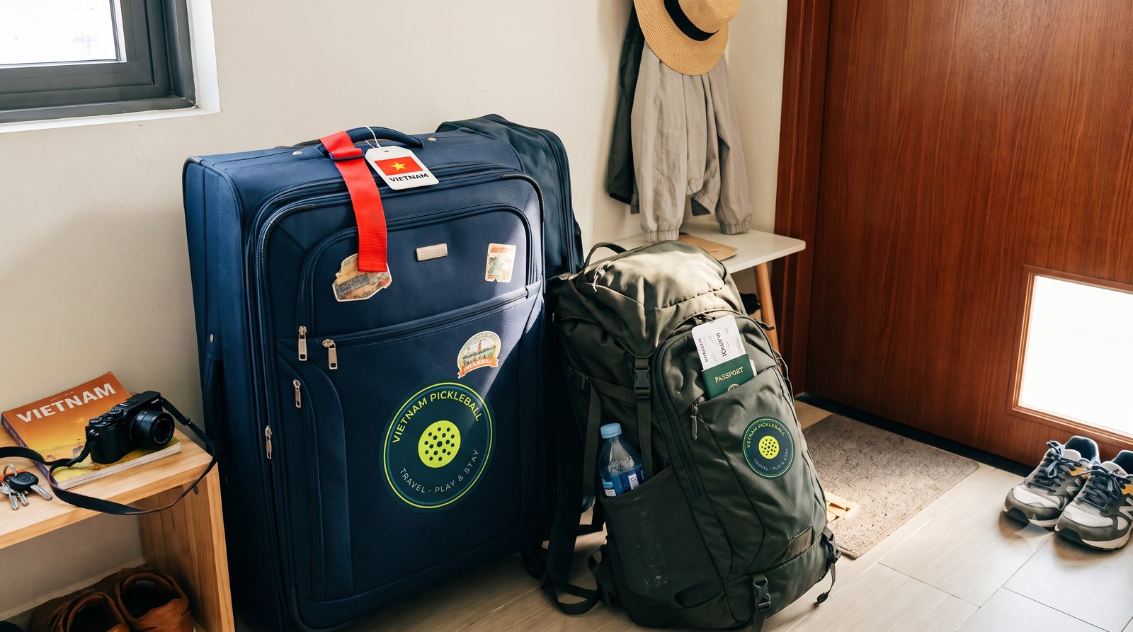 A packed suitcase and daypack by a hotel door, ready for a trip