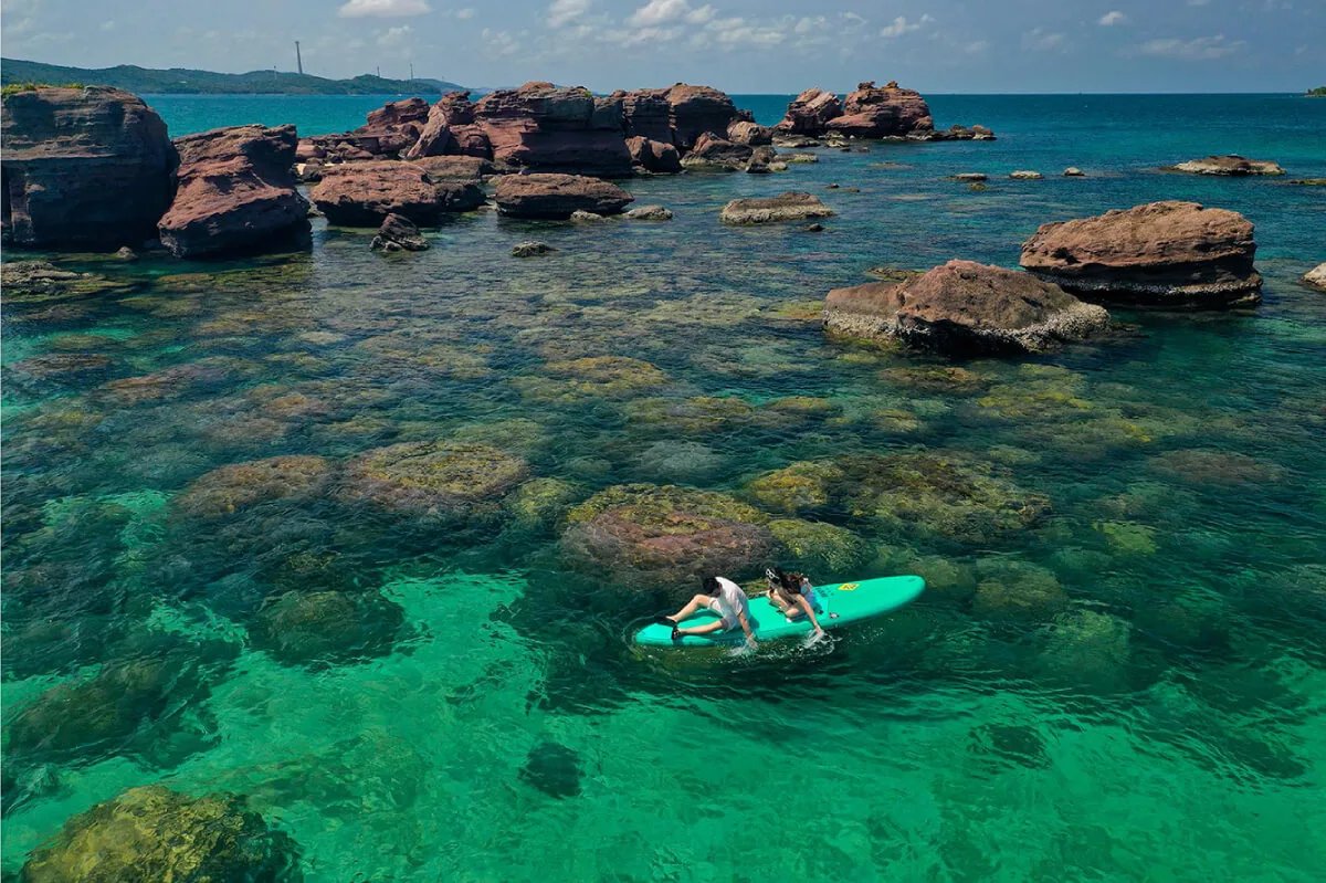 Calm turquoise sea and blue sky over Phu Quoc in the dry season