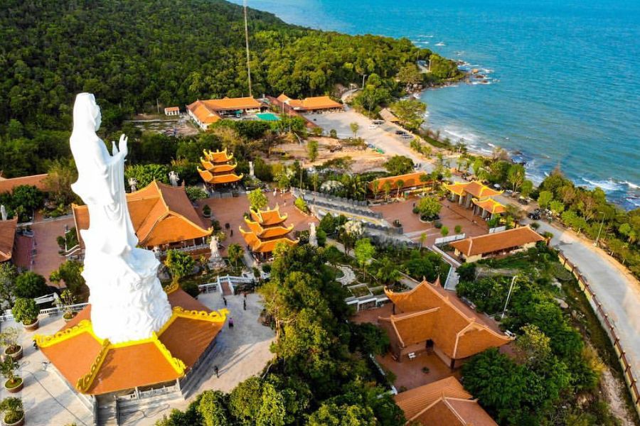 Ho Quoc Pagoda on a hillside overlooking the sea on the east coast of Phu Quoc