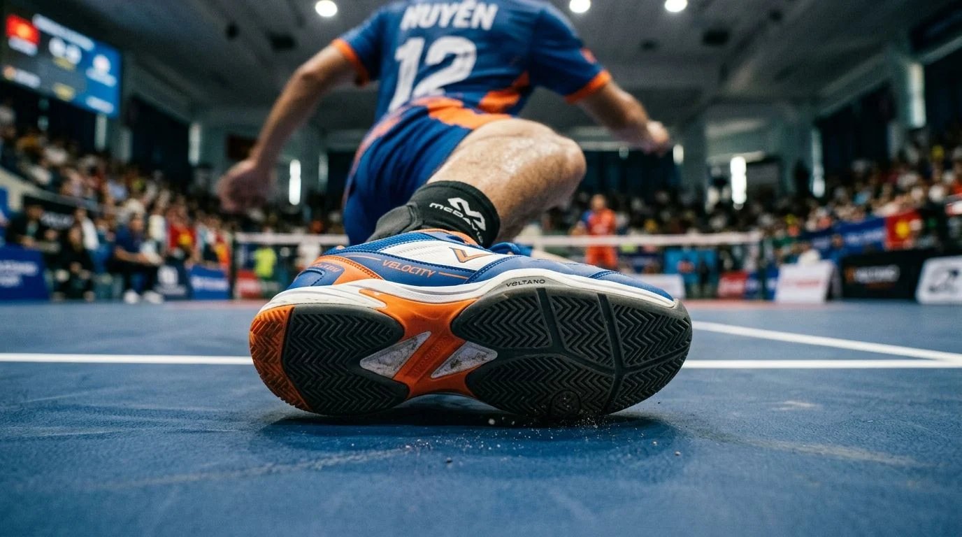 Non-marking court shoes on a blue acrylic pickleball court