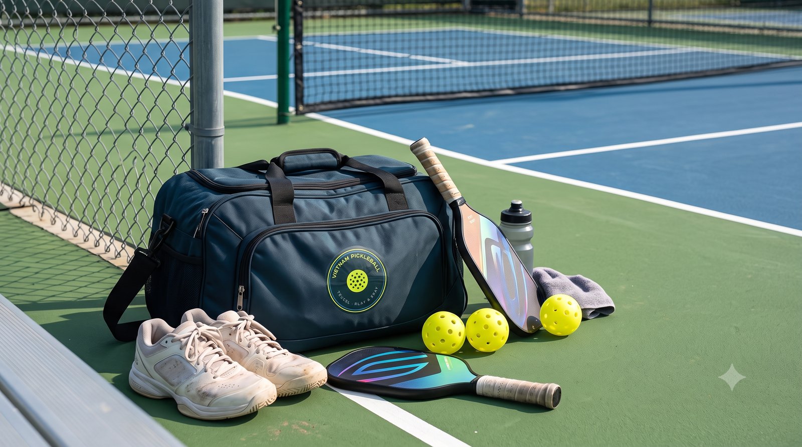 A pickleball paddle bag, balls and court shoes packed for a trip