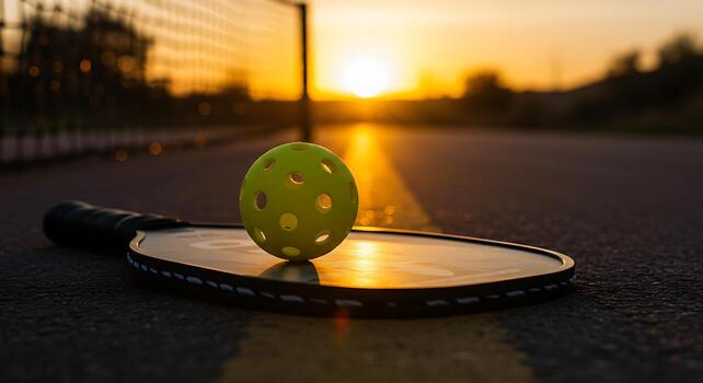 A pickleball paddle and ball on an outdoor court in the early morning light