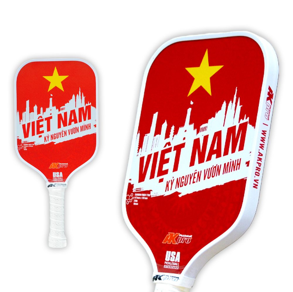 A pickleball paddle decorated with the Vietnamese flag