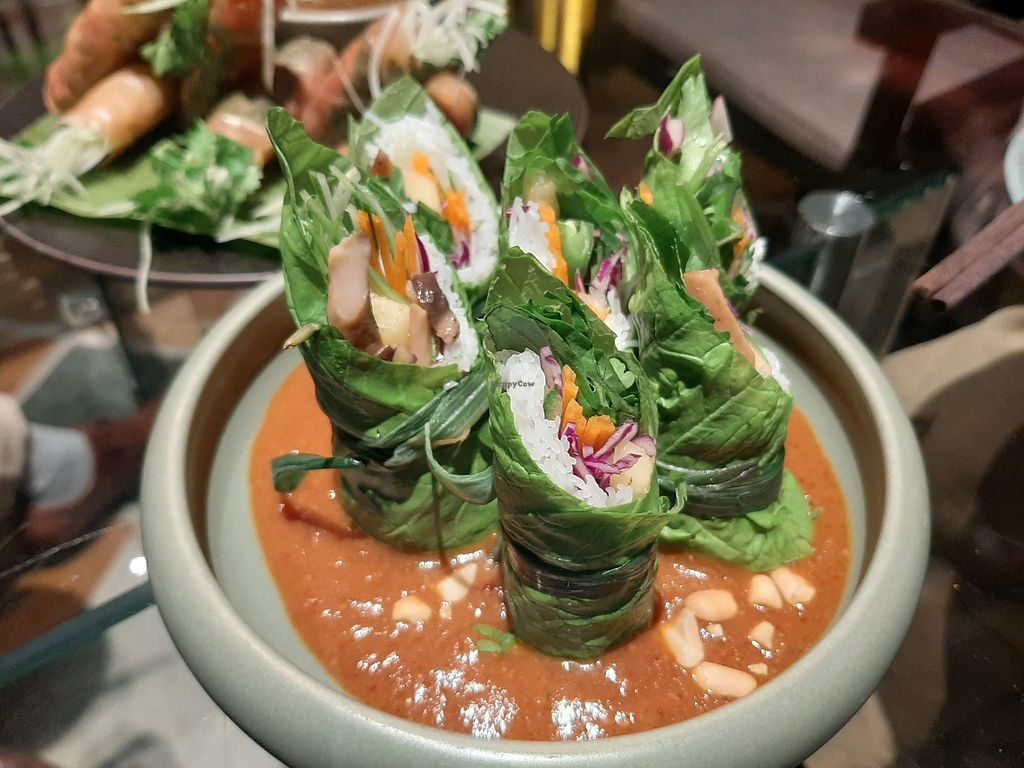 Vegetarian rolls wrapped in leaves with a dipping sauce at Sadhu vegetarian restaurant in Hanoi
