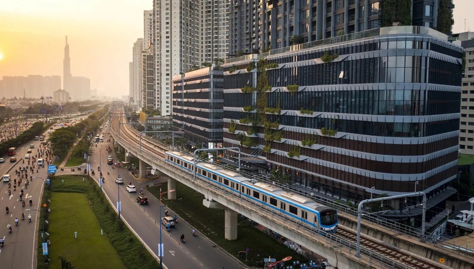 A Metro Line 1 train on the elevated track in Ho Chi Minh City
