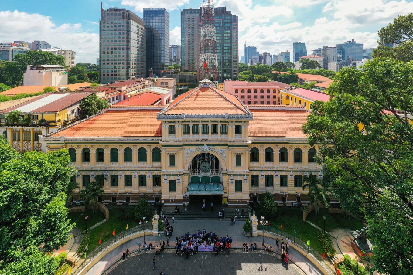 The yellow French colonial Saigon Central Post Office seen from above