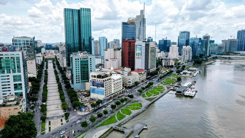 The Ho Chi Minh City skyline under a clear sky at the start of the dry season