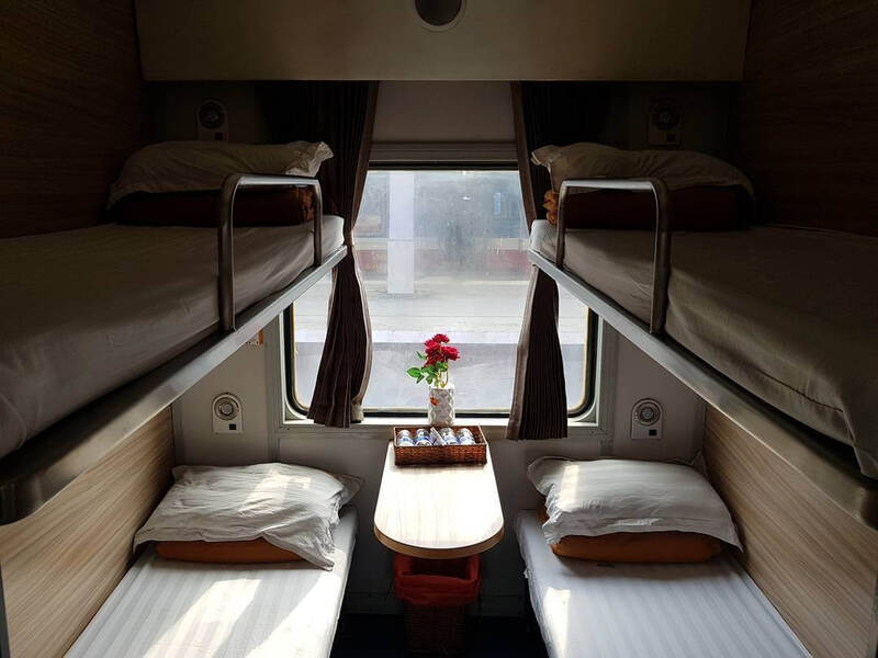 Inside a four-berth sleeper cabin on a Vietnamese overnight train