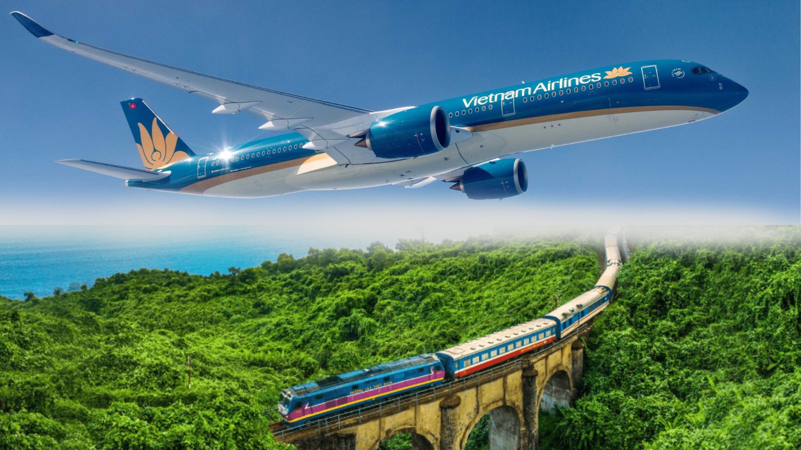 A Vietnam Airlines plane above a train crossing a viaduct on the Hai Van Pass