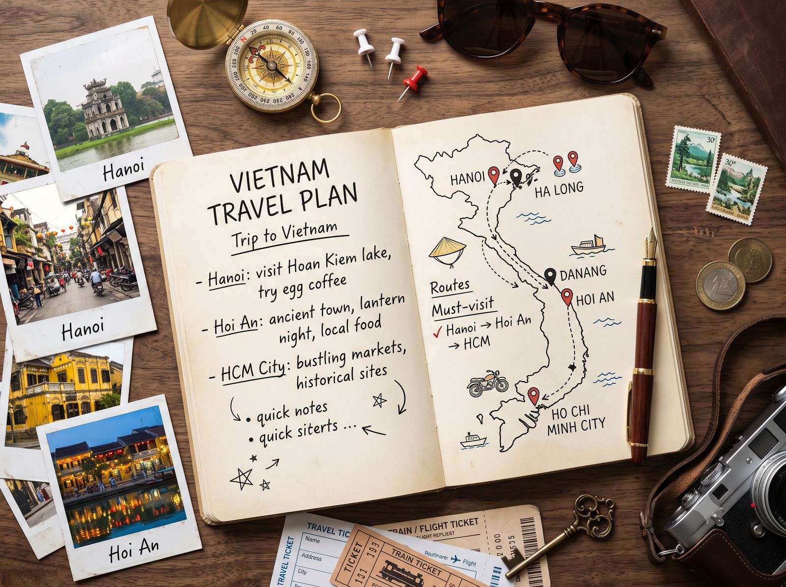 A map of Vietnam and a notebook used to plan a long trip