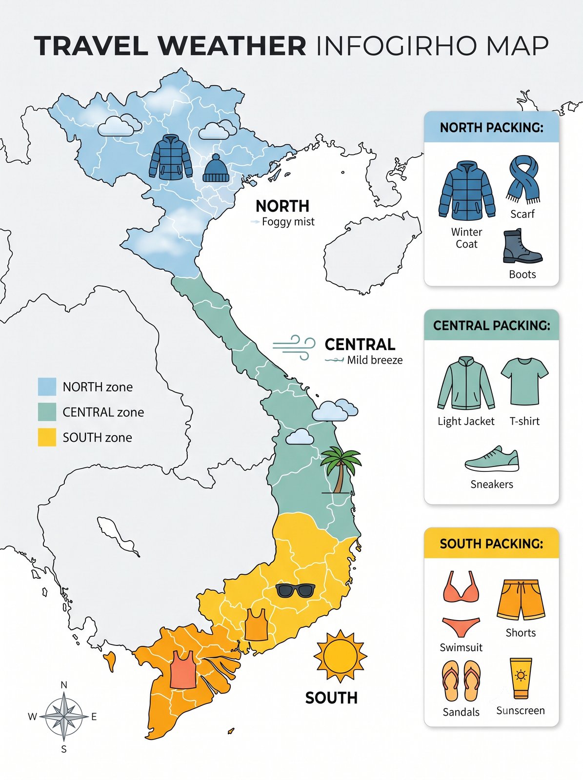 A map of Vietnam showing cool weather in the north and hot weather in the south in winter