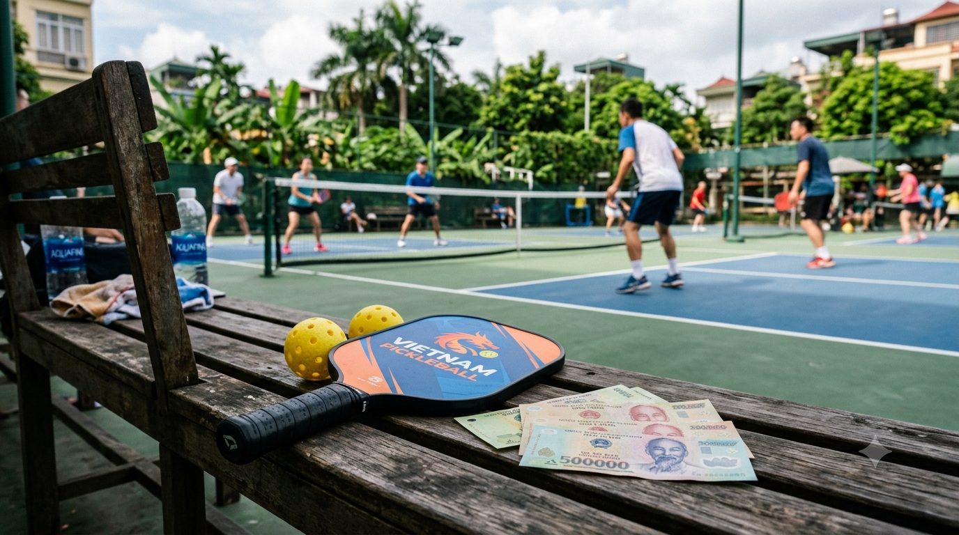 A pickleball paddle, balls and Vietnamese dong notes on a court bench in Vietnam