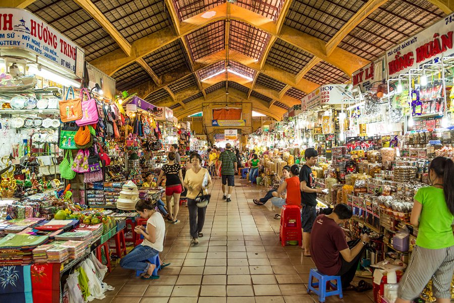 A market stall selling Vietnamese handicrafts and souvenirs