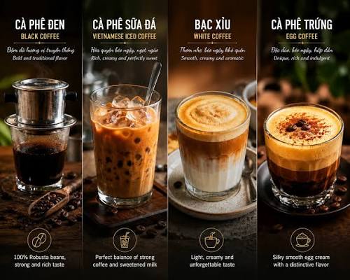 Phin filter coffee, egg coffee, coconut coffee and salt coffee side by side on a café table
