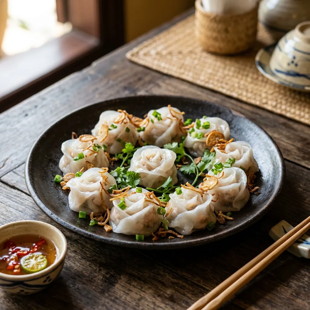 White rose dumplings, a Hoi An specialty shaped like a flower, served with dipping sauce