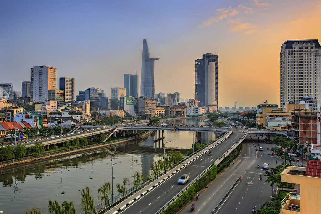Early-morning road out of Saigon towards the Mekong Delta