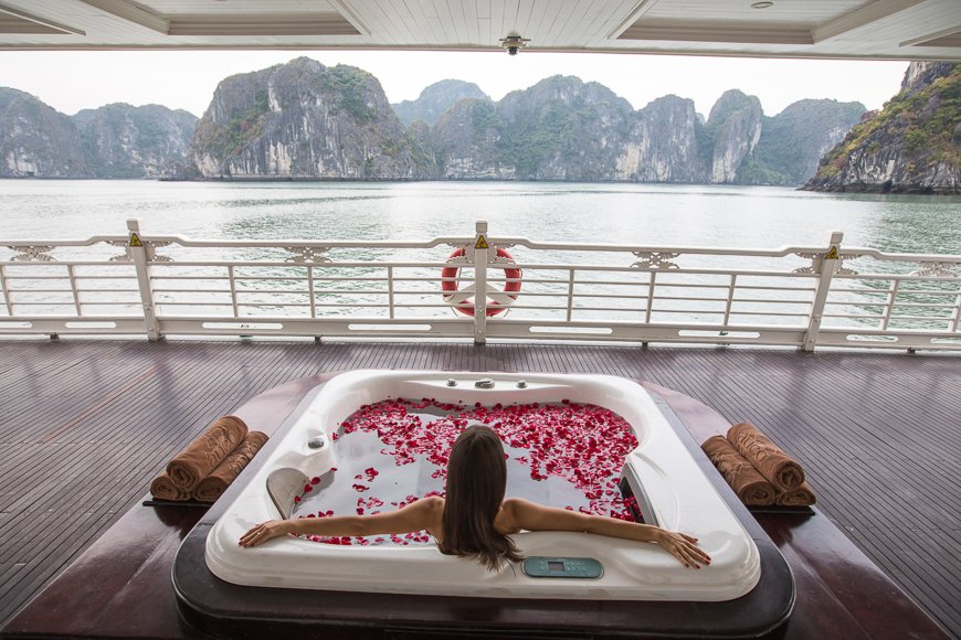 Limestone karsts seen from the deck of an overnight cruise on Ha Long Bay