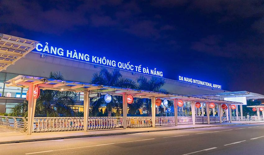 Da Nang International Airport terminal lit up at night