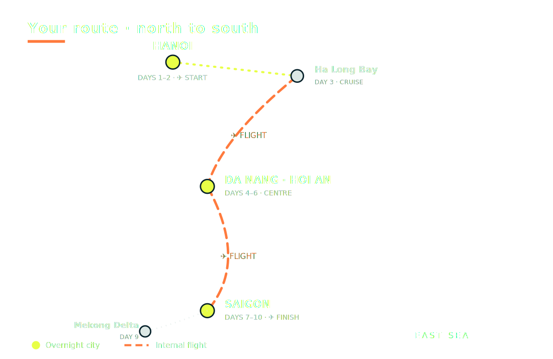 Route map: Hanoi, Ha Long, Da Nang, Hoi An and the Mekong Delta